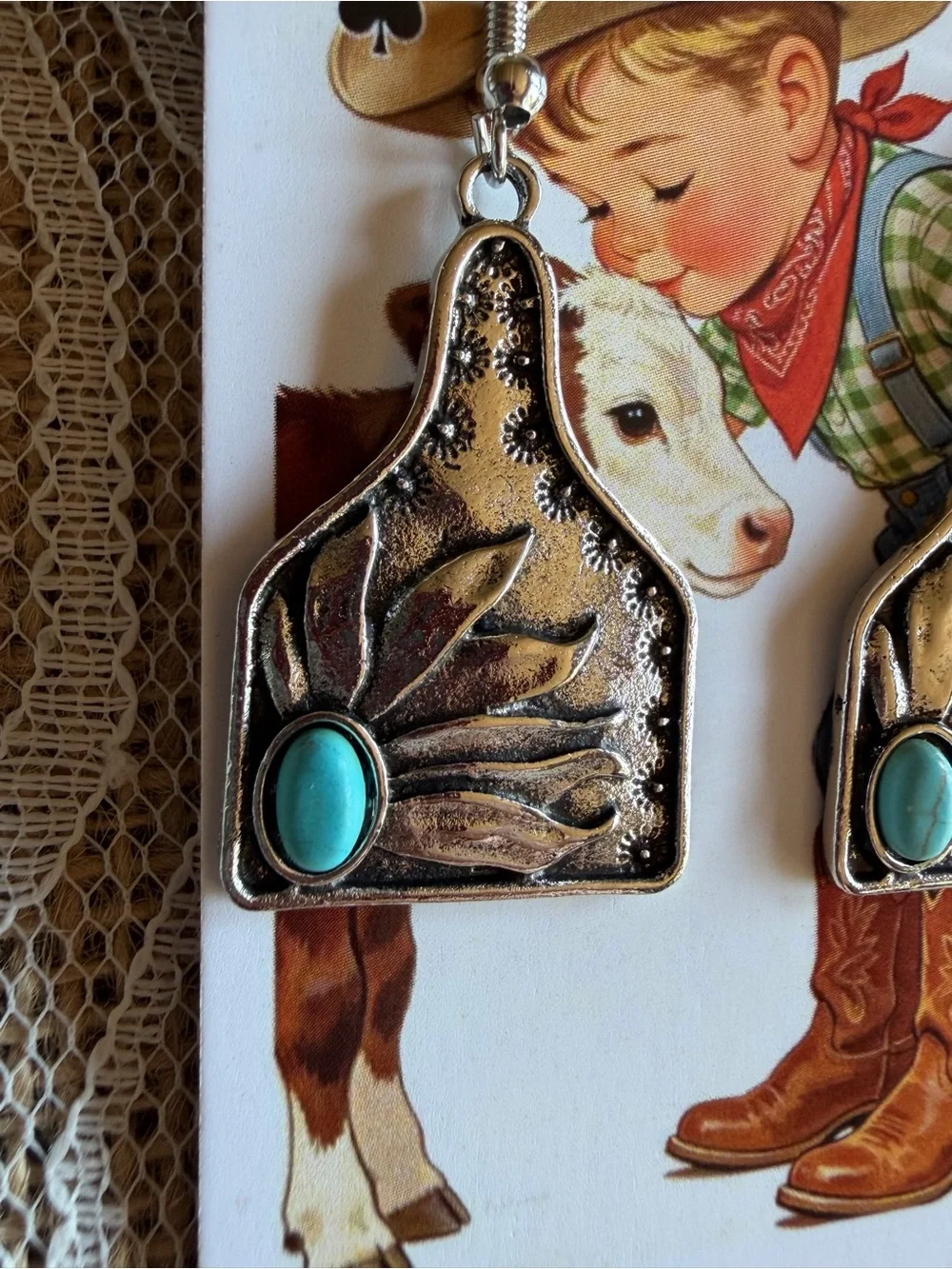 Western Silver Tone Sunflower Turquoise Dangle Earrings NEW